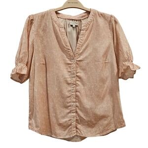 Michael Stars Striped Button Front V Neck Puff Sleeve Blouse Top Size L